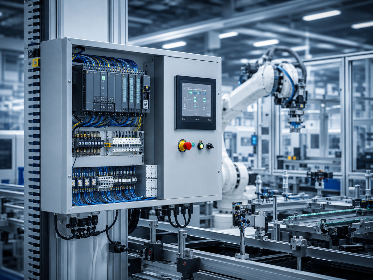 System automatyki przemysłowej PLC z panelem operatorskim i robotem przemysłowym w tle