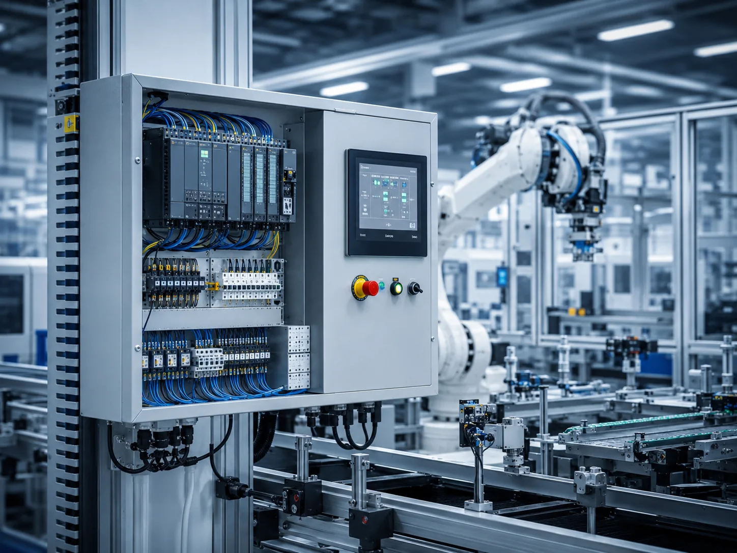 System automatyki przemysłowej PLC z panelem operatorskim i robotem przemysłowym w tle