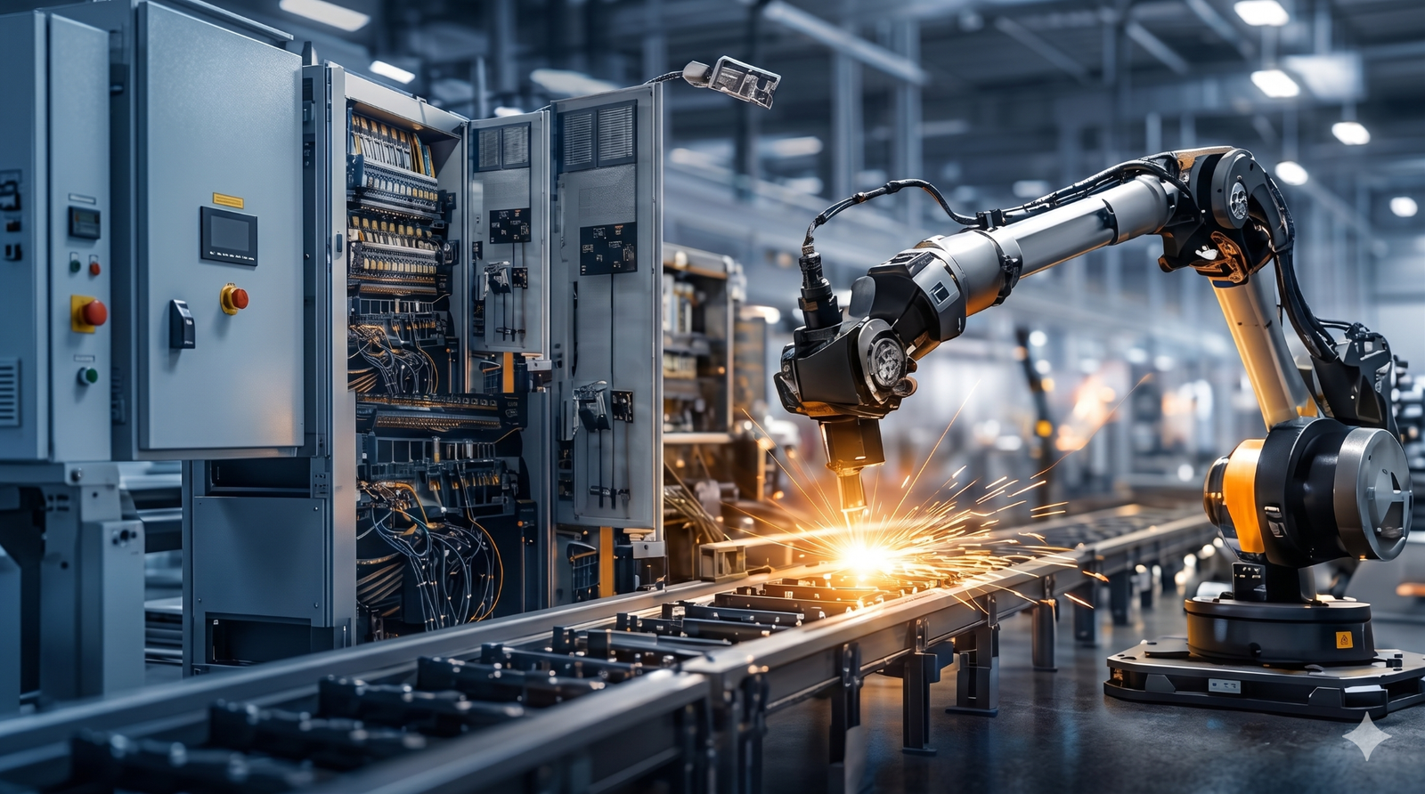 Robot przemysłowy pracujący przy linii produkcyjnej i szafach sterowniczych