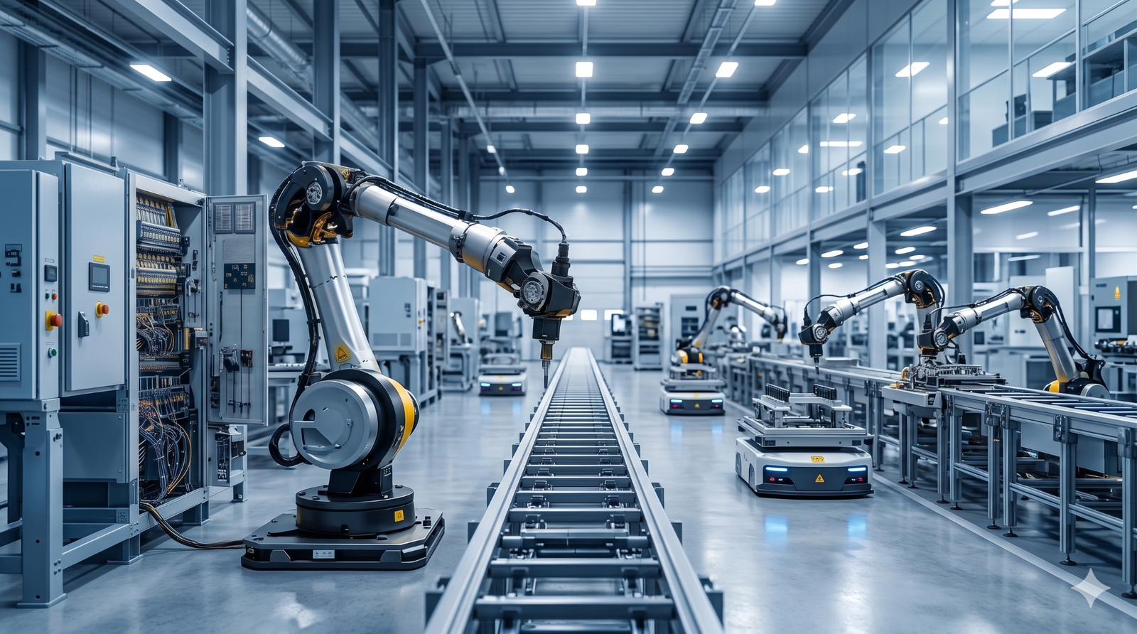Nowoczesna hala produkcyjna z robotami przemysłowymi i linią automatyki