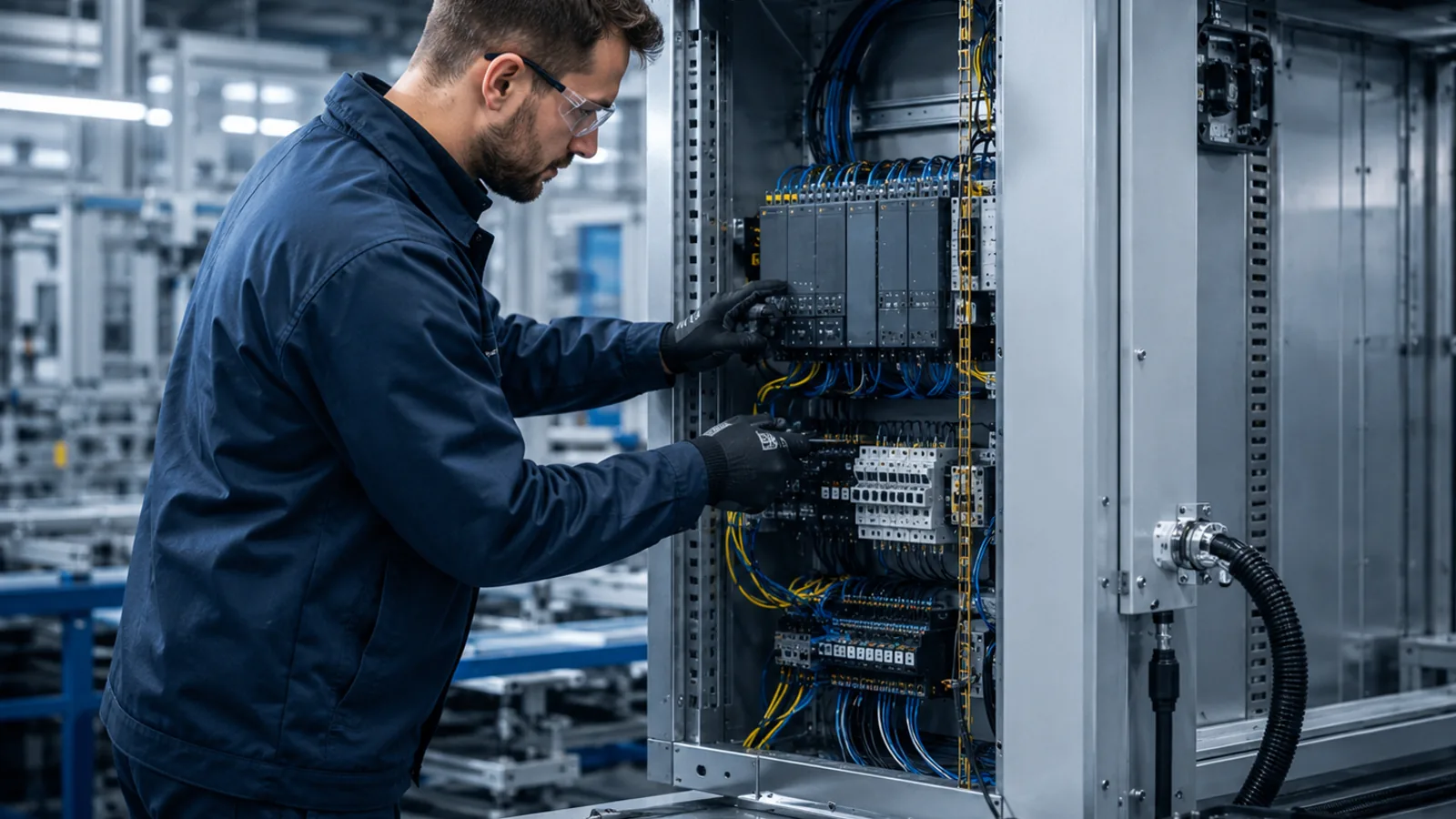 Technik serwisujący układ automatyki w przemysłowej szafie sterowniczej