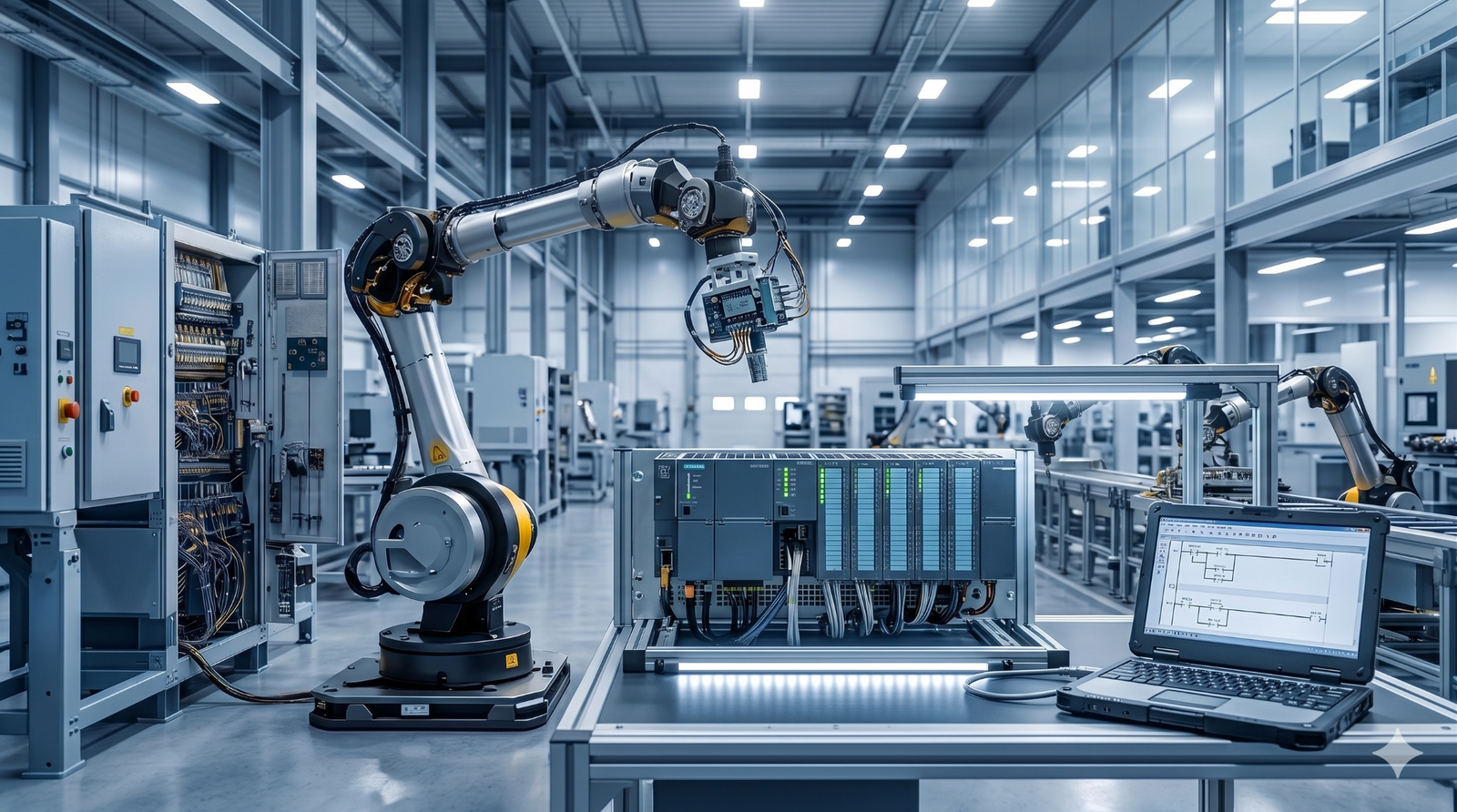 Sterownik PLC, laptop diagnostyczny i robot przemysłowy w hali produkcyjnej