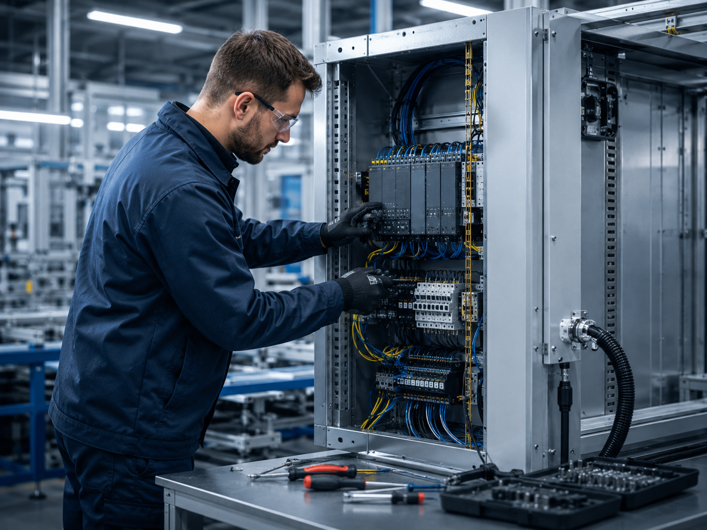 Technik serwisujący szafę sterowniczą w zakładzie przemysłowym podczas prac utrzymania ruchu
